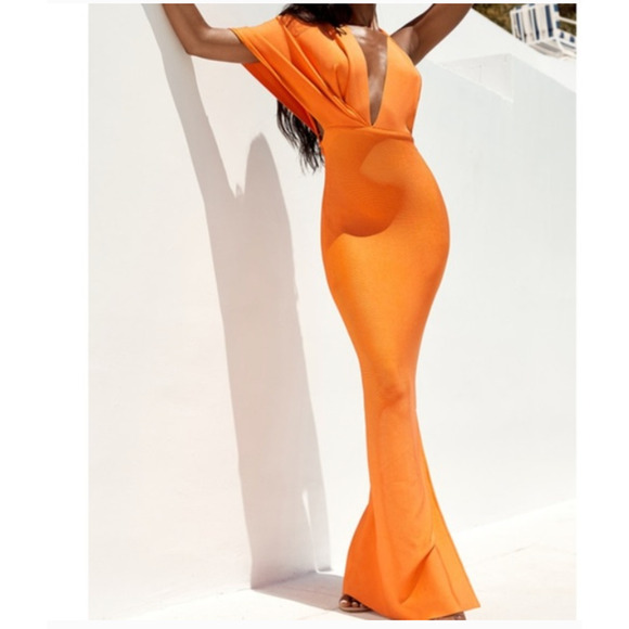 House of CB Clemence Maxi Orange Bandage Dress Womens Large - Picture 1 of 16